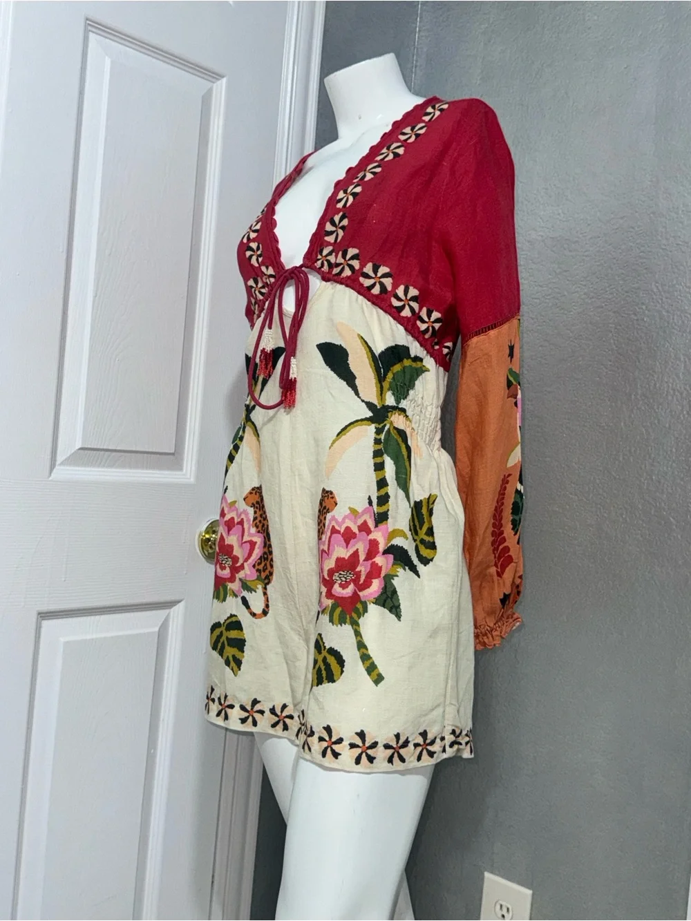 Anthropologie Pink and Cream Embroidered V-Neck Romper - Picture 4 of 17